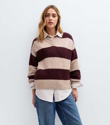 Burgundy Striped V-Neck Jumper