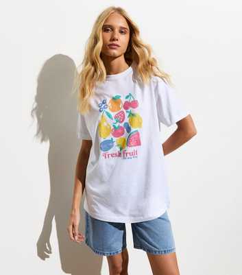 White Cotton Fresh Fruit Slogan Oversized T-Shirt