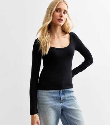 Black Ribbed Long Sleeve Scoop Neck Top 