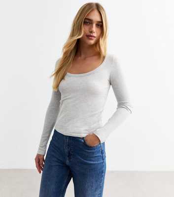 Grey Ribbed Long Sleeve Scoop Neck Top