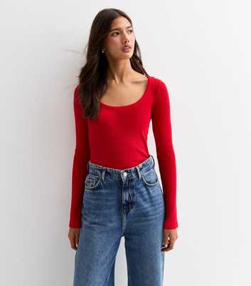 Red Ribbed Long Sleeve Scoop Neck Top 