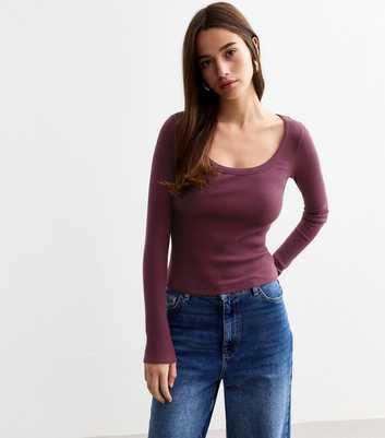 Burgundy Ribbed Long Sleeve Scoop Neck Top 