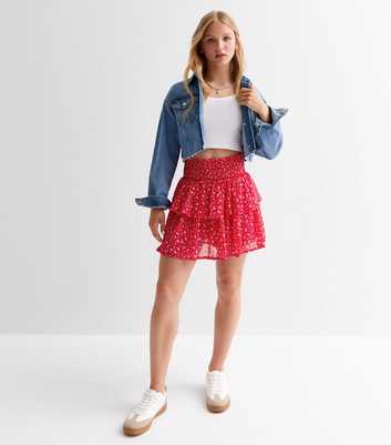 Girls Red Floral Print Chiffon Tiered Skort