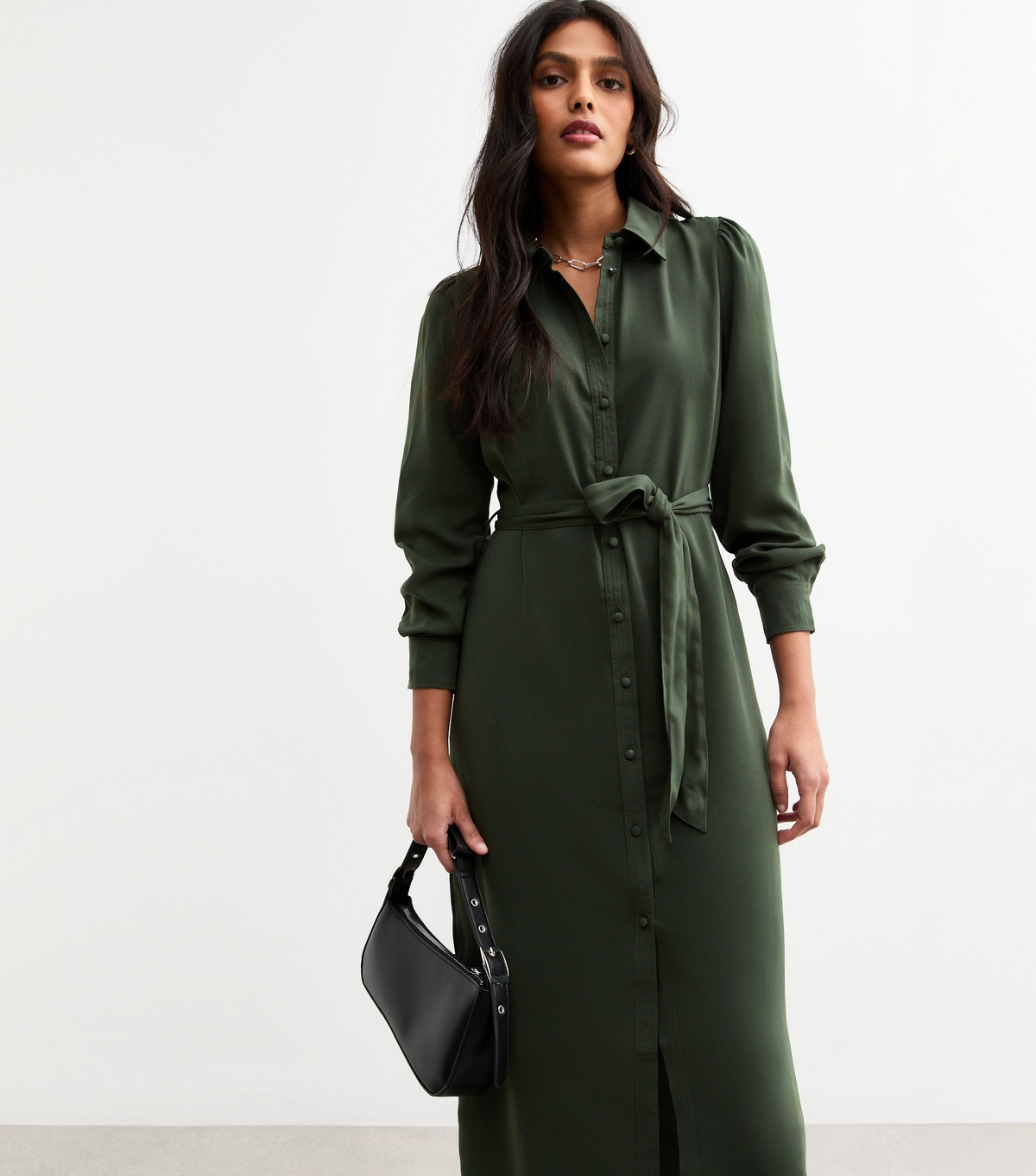 Women's Dark Khaki Belted Midi Shirt Dress New Look
