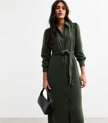 Dark Khaki Belted Midi Shirt Dress