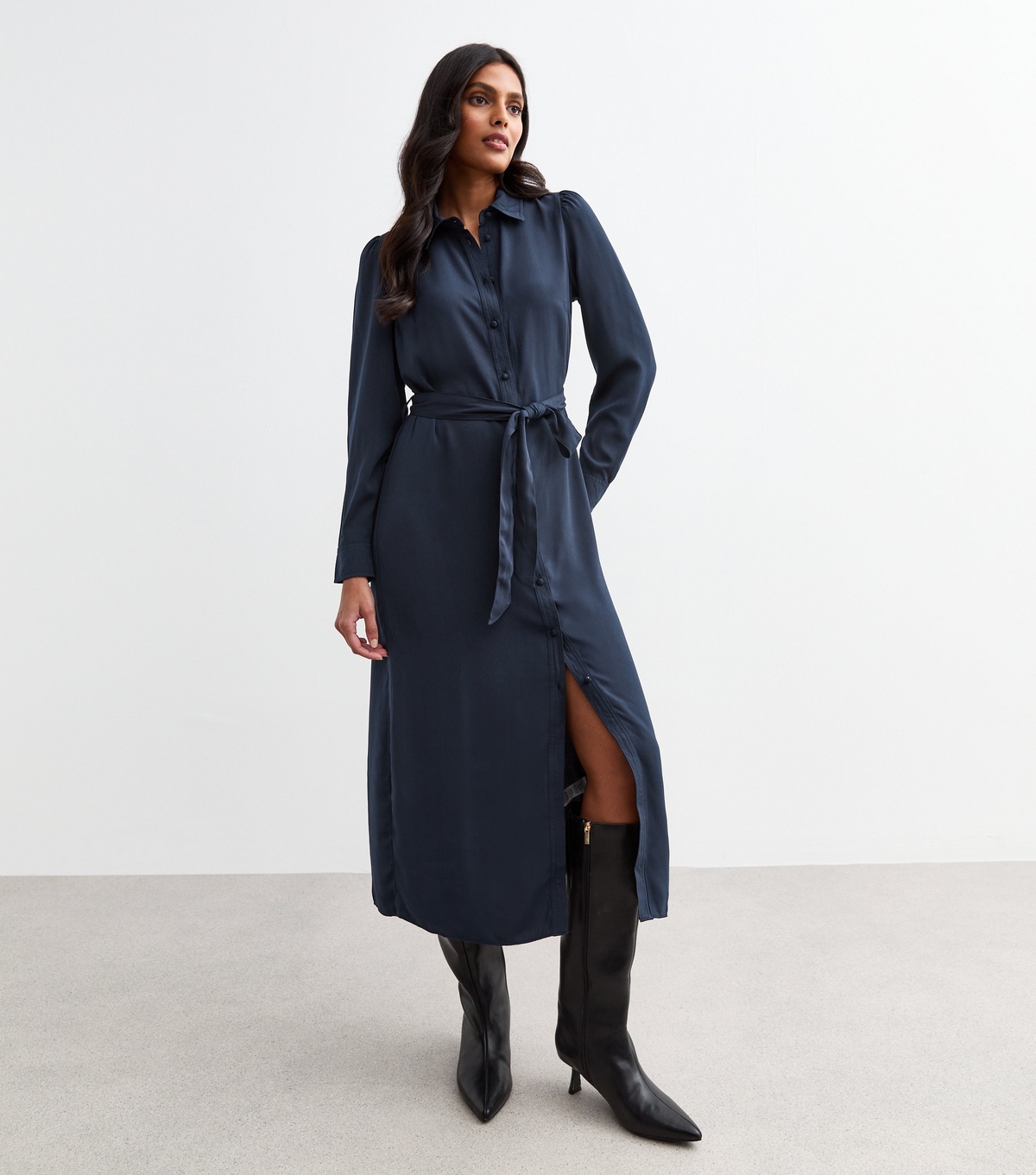 Women's Navy Belted Midi Shirt Dress New Look