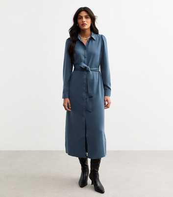 Dark Blue Belted Midi Shirt Dress