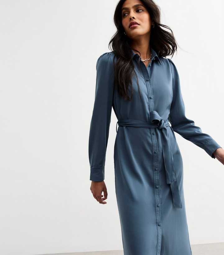 Dark Blue Belted Midi Shirt Dress