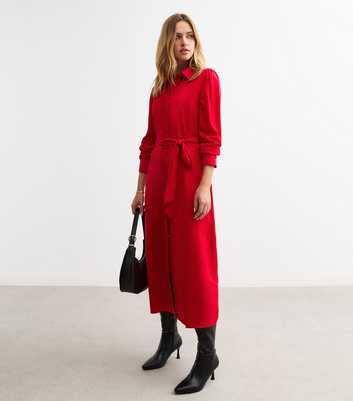 Red Belted Midi Shirt Dress