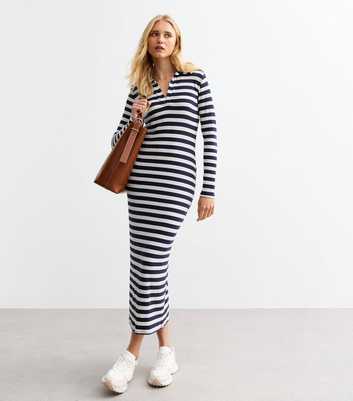 Blue Ribbed Striped Collared Midi Dress