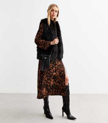 Brown Leopard Print Fluted Sleeve Midi Dress