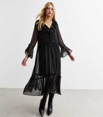 Black Ruffle Long Sleeve Midi Dress