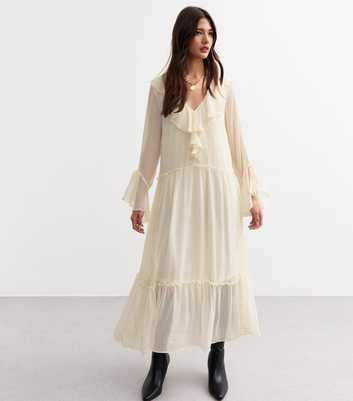 Cream Ruffle Long Sleeve Midi Dress