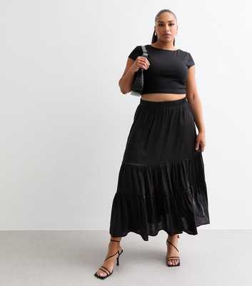 Curves Black Satin Tiered Midi Skirt