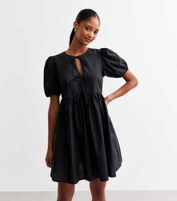 Black Cotton Tie Front Mini Smock Dress