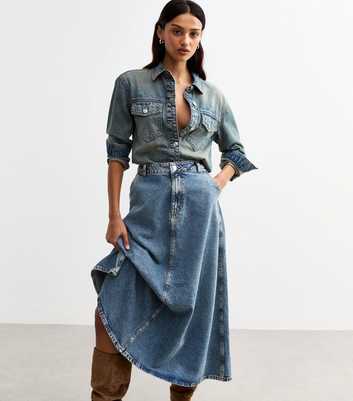 Blue Vintage Tint Midi Denim Skirt 