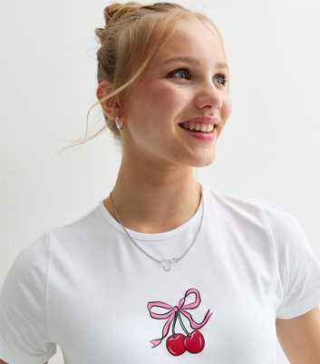 Girls White Cotton-Blend Cherry Print T-Shirt
