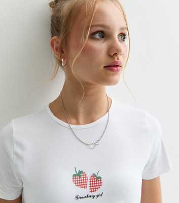 Girls White Cotton-Blend Strawberry Girl Slogan T-Shirt