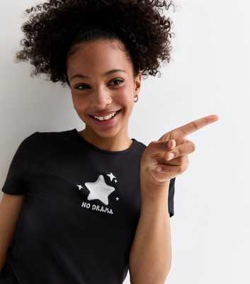 Girls Black Cotton No Drama Star Slogan T-Shirt