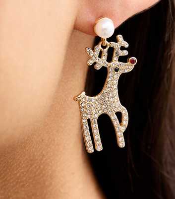 Gold Tone Christmas Embellished Reindeer Earrings