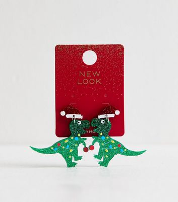 Green Resin Christmas Dinosaur Earrings New Look