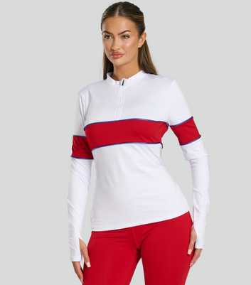 South Beach White Striped Half Zip Sports Top