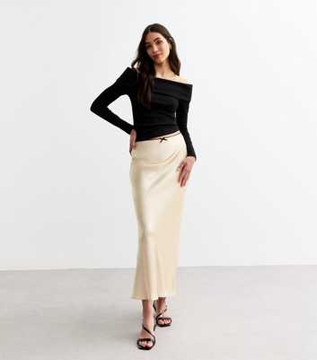 Cream Satin Bow Trim Midi Skirt 