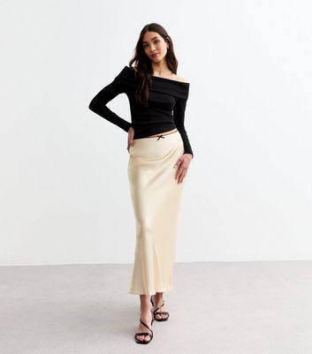 Cream Satin Bow Trim Midi Skirt New Look