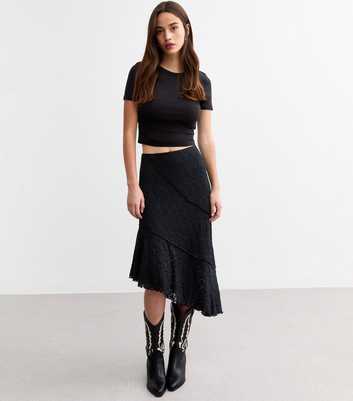 Black Lace Asymmetric Midi Skirt 