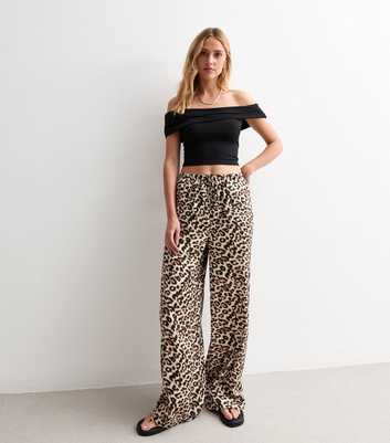 Brown Leopard Print Satin Wide Leg Trousers