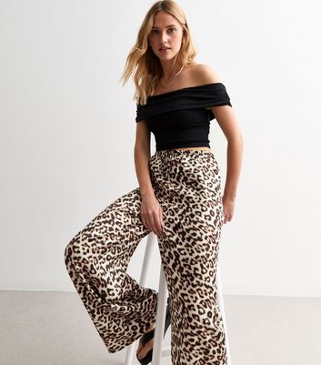 Brown Leopard Print Satin Wide Leg Trousers | New Look