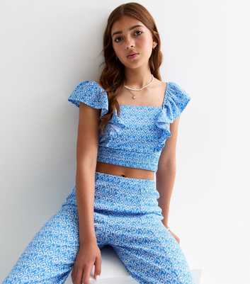 Girls Blue Frill Sleeve Crop Top 