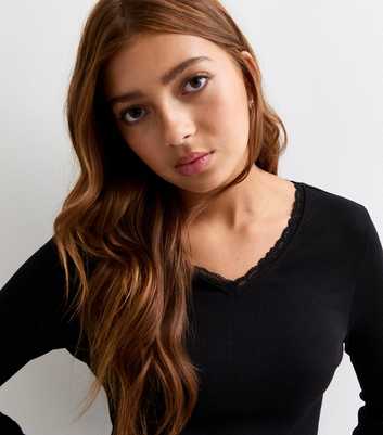 Girls Black Lace Trim Ribbed Jersey Top