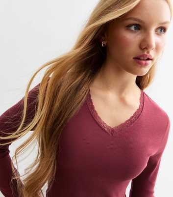 Girls Burgundy Lace Trim Ribbed Jersey Top