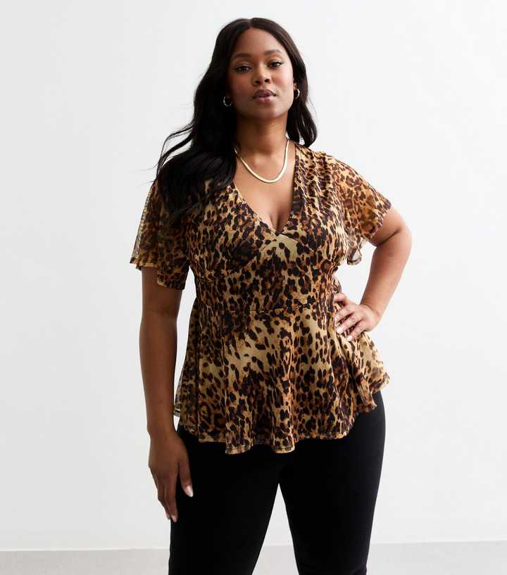 Curves Brown Leopard Print Peplum Mesh Top | New Look