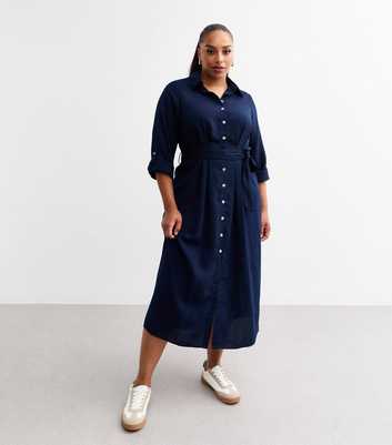 Curves Navy Pleated Shirt Dress