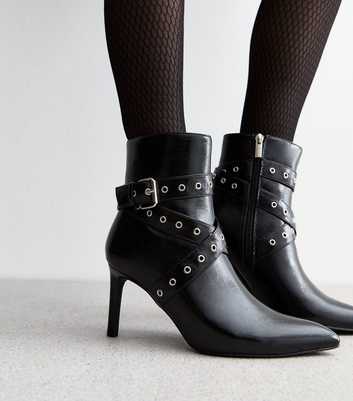 Black Leather Look Wrap Buckle Stiletto Boots