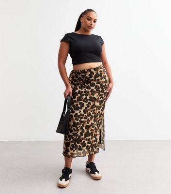 Curves Brown Leopard Print Midi Skirt New Look