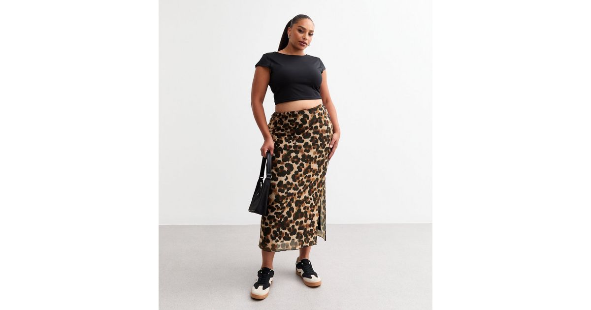 11858 Brown Leopard Patterned Midi Skirt