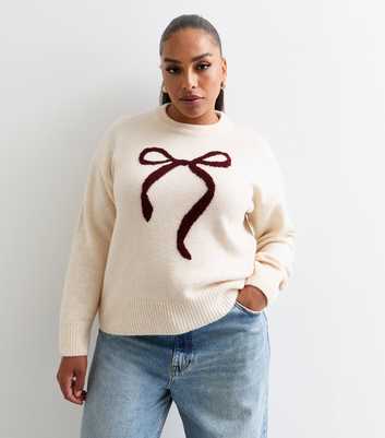 Curves Off White Bow Knit Jumper