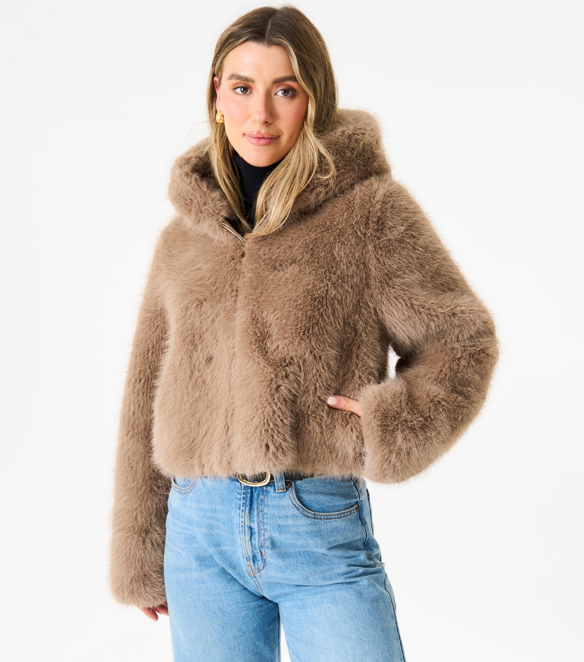 Women's Beige Faux Fur Cropped Jacket Gini London New Look