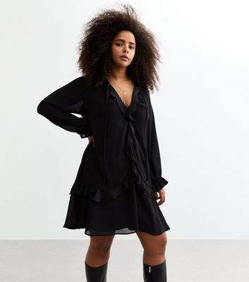 TAVIMART  -  Autumn Cross Ruffle Trim Mini Dress Simple Solid V-neck Ruched Full Sleeve Body-shaping Frock Female Classic Street Vestido