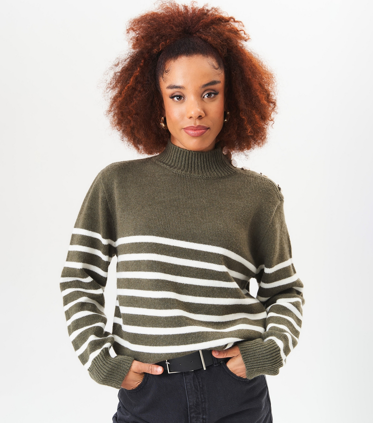 Gini London Women's Olive Green Striped Oversized Jumper New Look Large