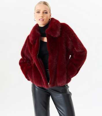 Gini London Burgundy Faux Fur Collared Jacket