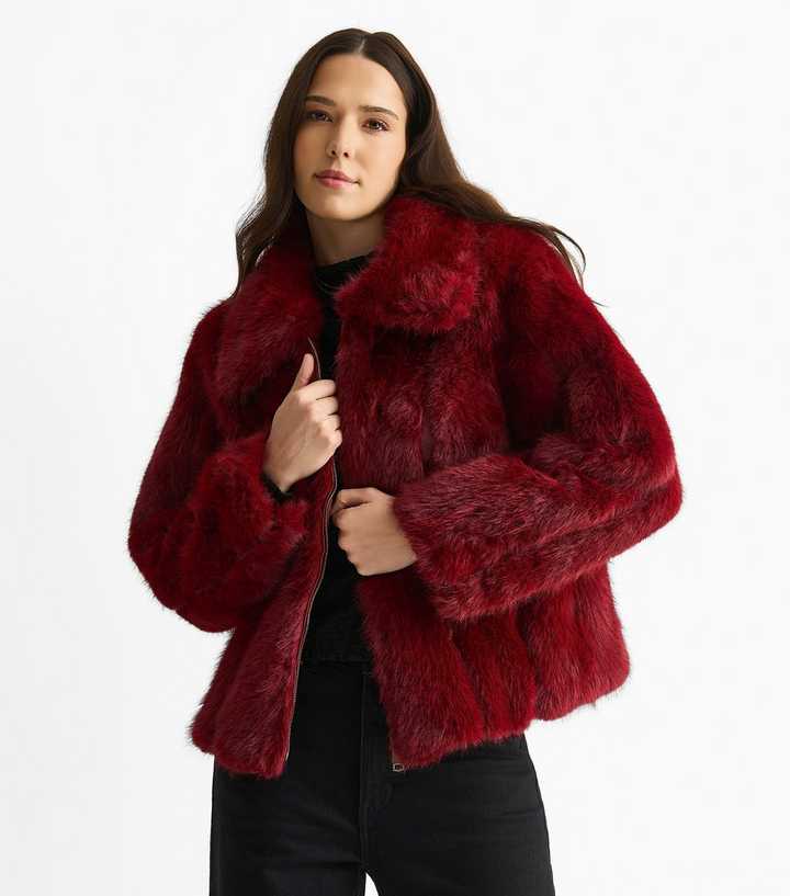 Gini London Burgundy Faux Fur Collared Jacket