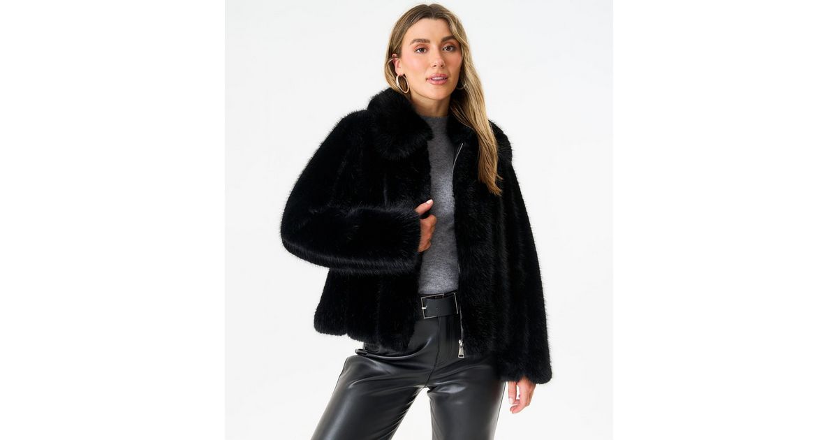 Gini London Black Faux Fur Collared Jacket New Look