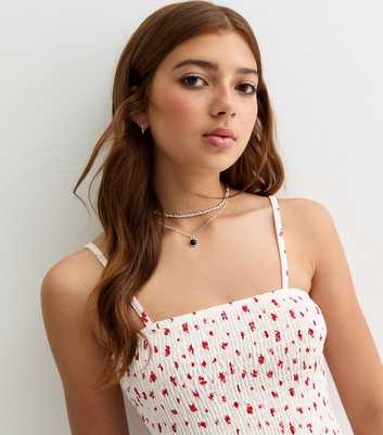 Girls Red Floral Print Shirred Strappy Crop Top