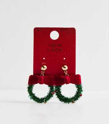 Green Christmas Wreath Hoop Earrings