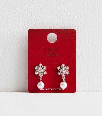 Silver Tone Faux Pearl Stud Snowflake Earrings