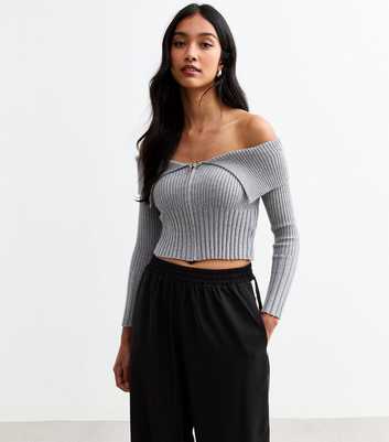 Cameo Rose Pale Grey Zip-Through Bardot Jumper